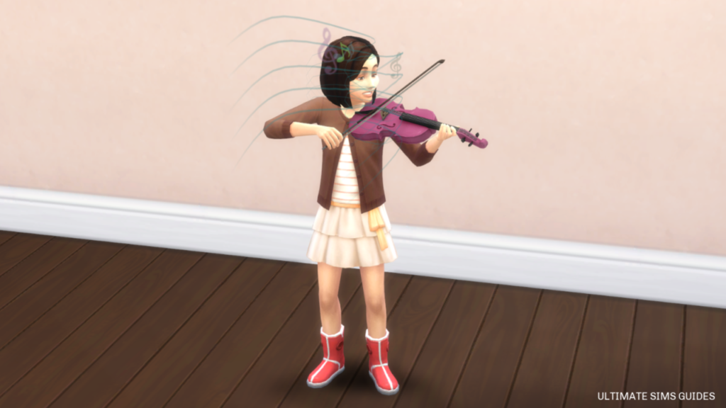 Los sims 4 niños tocando el violín con notas musicales frente a su cara