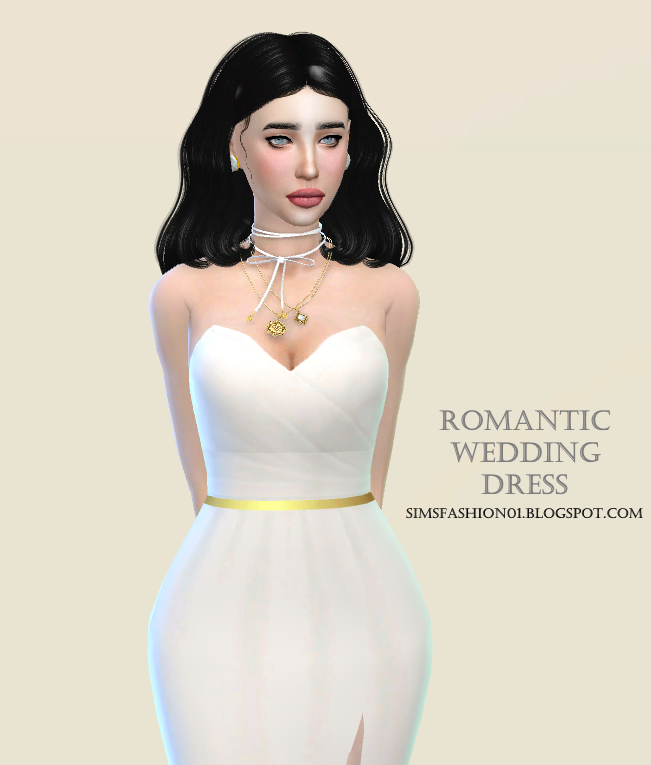 Un vestido de novia de los Sims 4 con un escote en forma de corazón que se ajusta en la cintura con un hermoso cinturón dorado