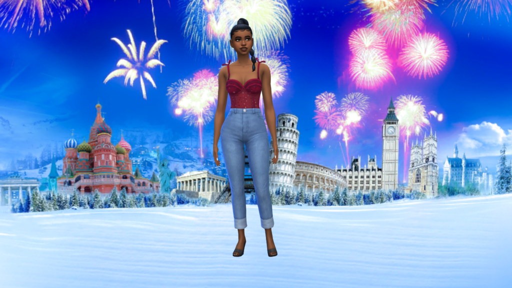 Un sim con pantalones vaqueros de talle alto azules y un corpiño rojo con el cabello trenzado. Este sim está parado frente a un montón de lugares emblemáticos mientras los fuegos artificiales ocurren encima de ellos como fondo de pantalla de sims 4 cas.