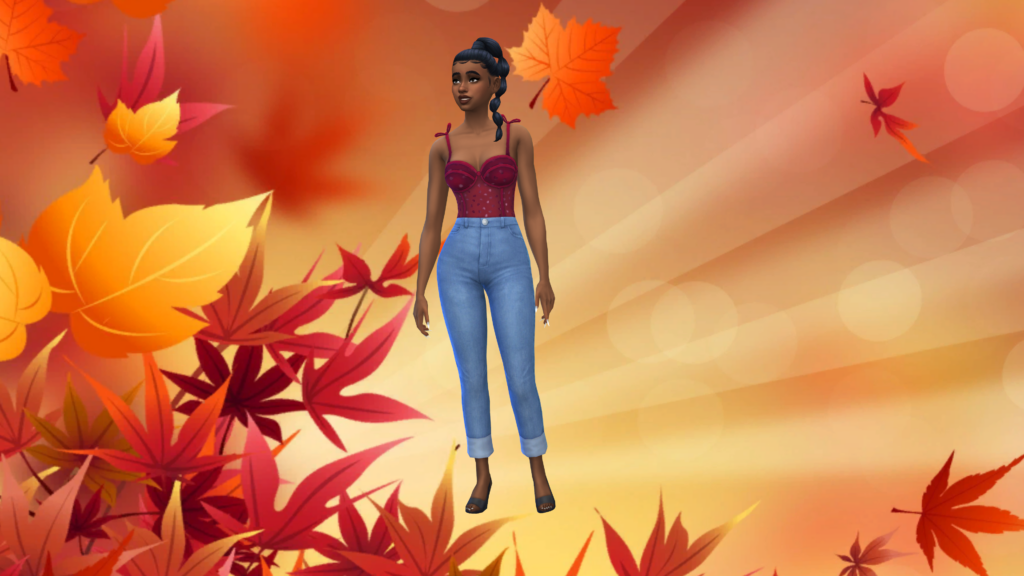 Un sim en jeans azules de talle alto y un body corsé rojo con el pelo recogido en una trenza. Este sim está parado frente a un rayo de luz rodeado de hojas de otoño.