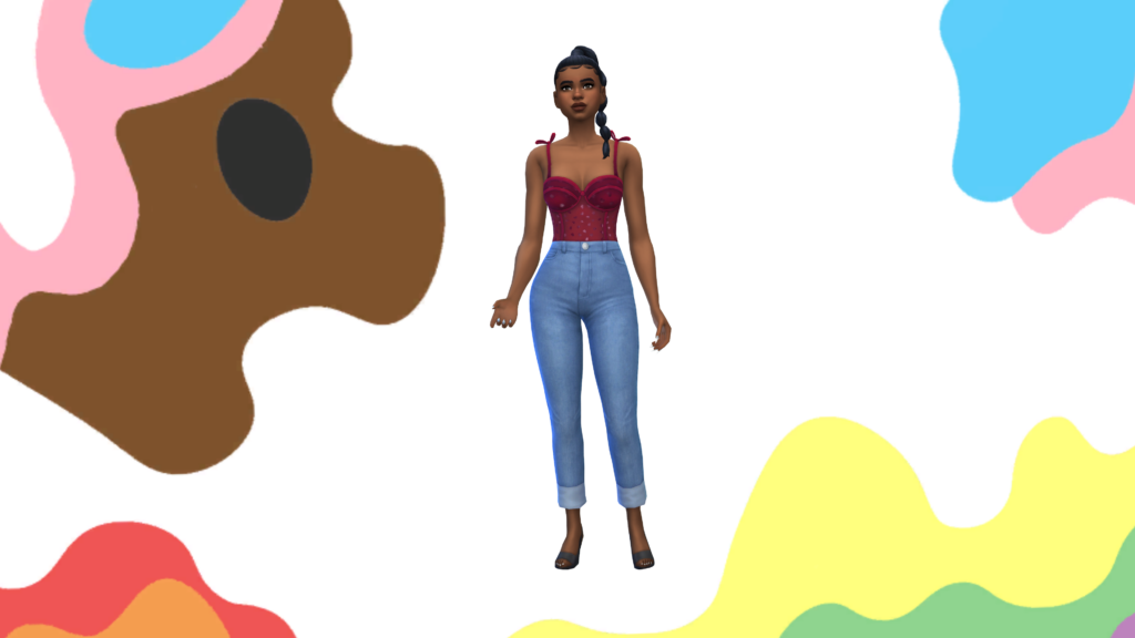 Un sim con pantalones vaqueros de cintura alta y un body corsé rojo con el pelo trenzado. Este sim está frente a un fondo de pantalla de CAS que tiene los colores del orgullo en diferentes manchas alrededor de los bordes.