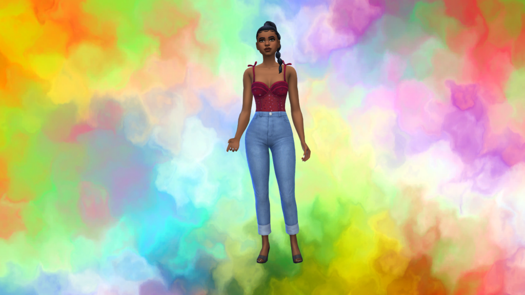 Un sim con jeans azules de talle alto y un body corset rojo con el cabello trenzado. Este sim está parado frente a un fondo de pantalla CAS que es un teñido arcoíris