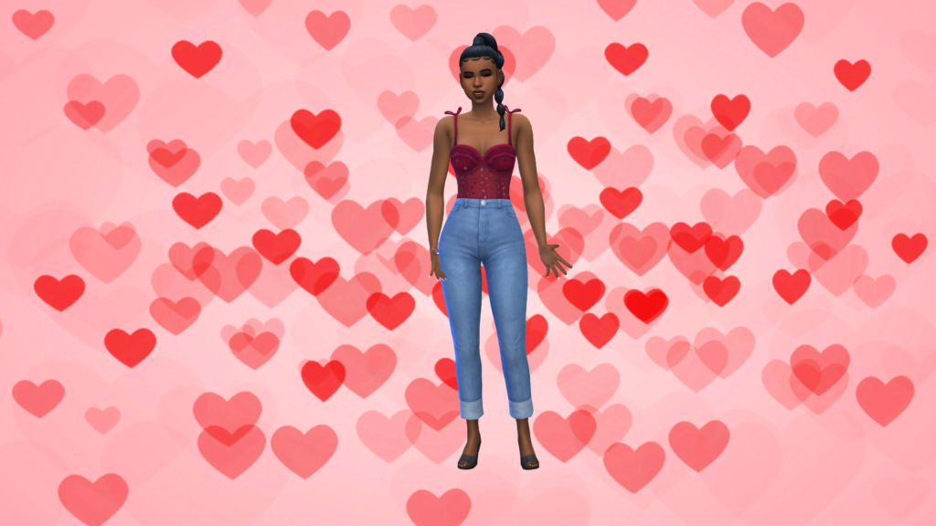 Un sim con jeans ajustados de color azul y un body corsé rojo con el cabello recogido en una trenza. Detrás de este sim hay un fondo de pantalla de cas que es de color rosa brillante con corazones rojos en varios niveles de desvanecimiento.