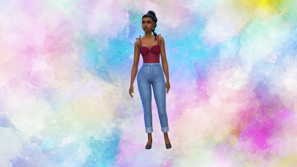 Un sim con pantalones vaqueros azules de cintura alta y un body de corsé rojo con el pelo recogido en una trenza. Detrás de este sim hay un montón de manchas de acuarela.