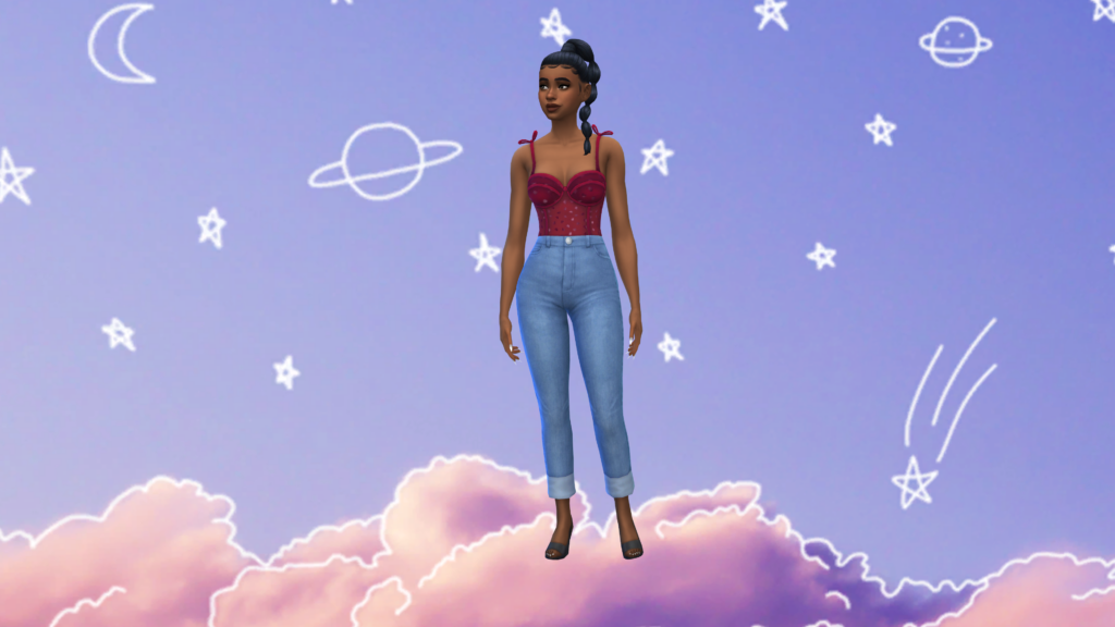 Un sim con pantalones vaqueros azules de talle alto y un body corset rojo con el pelo recogido en una trenza. Detrás de este sim hay un fondo de CAS morado con estrellas y planetas dibujados en blanco y una nube rosa debajo de sus pies.