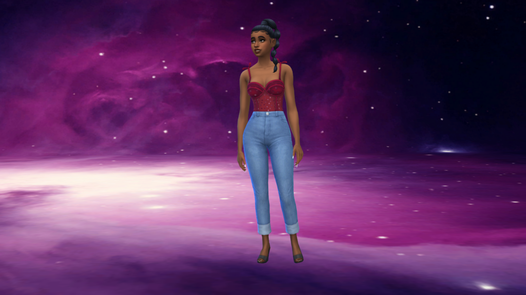 Un sim con pantalones vaqueros azules de cintura alta y un corpiño rojo con el pelo recogido en una trenza. Este sim parece estar en la galaxia con una escena de galaxia morada y blanca detrás de ellos.