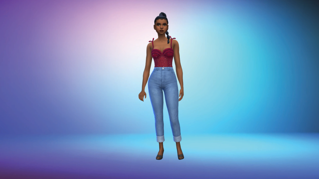 Un sim con pantalones vaqueros azules de talle alto y un corsé rojo con el pelo recogido en una trenza. El sim está de pie con los brazos a los lados sobre un fondo degradado que va desde morado claro a azul y luego a azul oscuro.