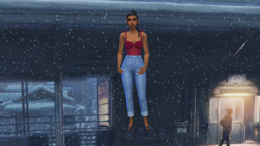 Un sim con jeans azules de cintura alta y un corsé rojo, con el pelo trenzado. Detrás de este sim hay una escena invernal de anime con una ventana y una puerta.