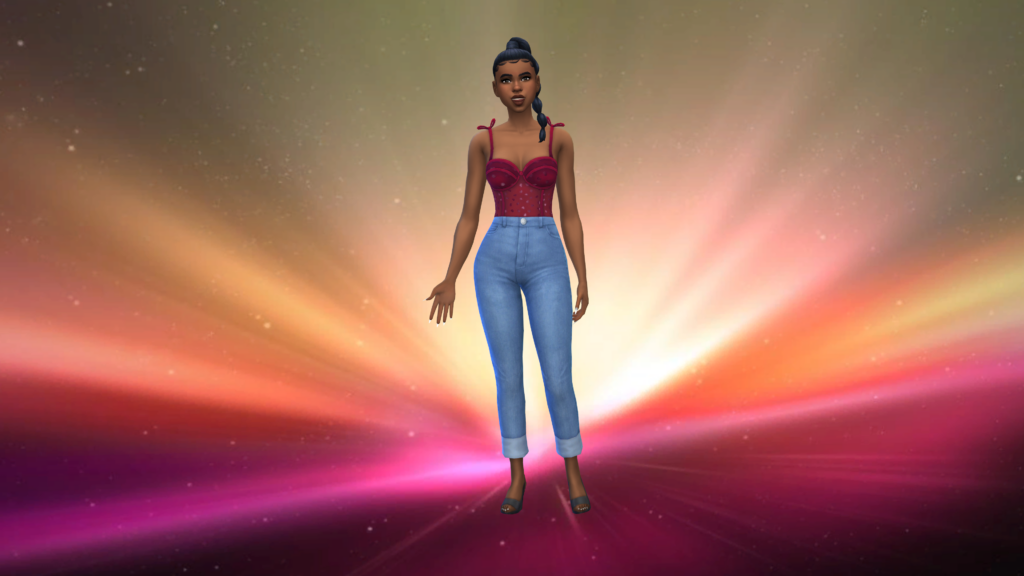 Un sim con jeans azules de cintura alta y un body corset rojo con el cabello recogido en una trenza. Detrás de este sim hay una explosión de luz que se muestra en color naranja y morado.