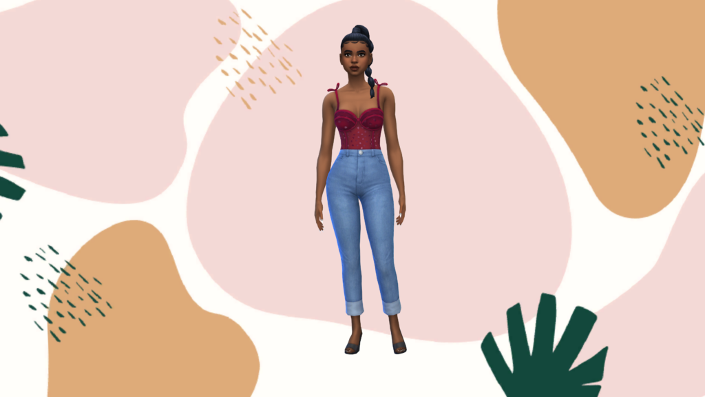 Un sim en jeans azules de cintura alta y un body corset rojo con el pelo recogido en una trenza. Detrás de este sim hay una imagen estática de manchas azules y marrones y hojas de palma.