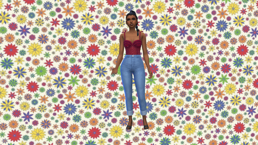 Un sim con pantalones vaqueros azules de cintura alta y un body corset rojo con el pelo recogido en una trenza. El fondo de pantalla CAS detrás de este sim tiene flores retro en colores variados.