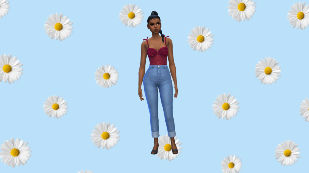 Un sim con jeans azules de cintura alta y un bodysuit corset rojo con el pelo recogido en una trenza. El fondo del CAS detrás de este personaje de Los Sims 4 es un fondo azul con margaritas blancas.