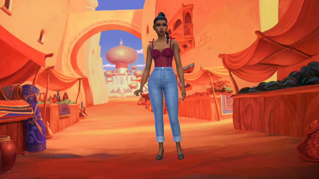 Un sim con pantalones vaqueros de talle alto azules y un body corsé rojo con el cabello trenzado. Este sim está parado en Aladdin.