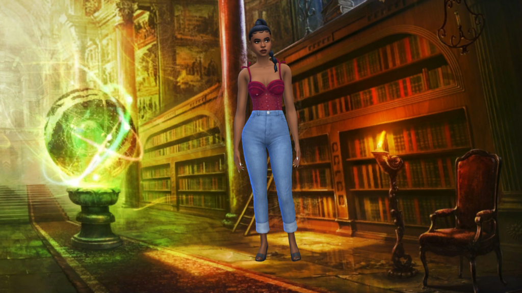 Un sim con pantalones vaqueros de tiro alto y un body corset rojo con el pelo recogido en una trenza. Este sim está de pie en una biblioteca mágica.