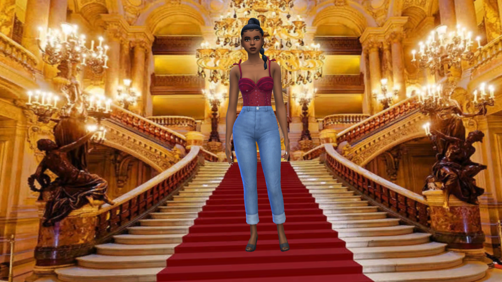 Un sim con jeans de cintura alta azules y un corpiño bodysuit rojo con el pelo en una trenza. Este sim está parado en una escalera real de La Bella y la Bestia.
