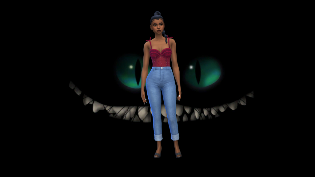 Un sim con pantalones vaqueros azules de talle alto y un body corset rojo con el pelo trenzado. El sim está de pie sobre un fondo negro oscuro con la cara del gato de Cheshire en él.