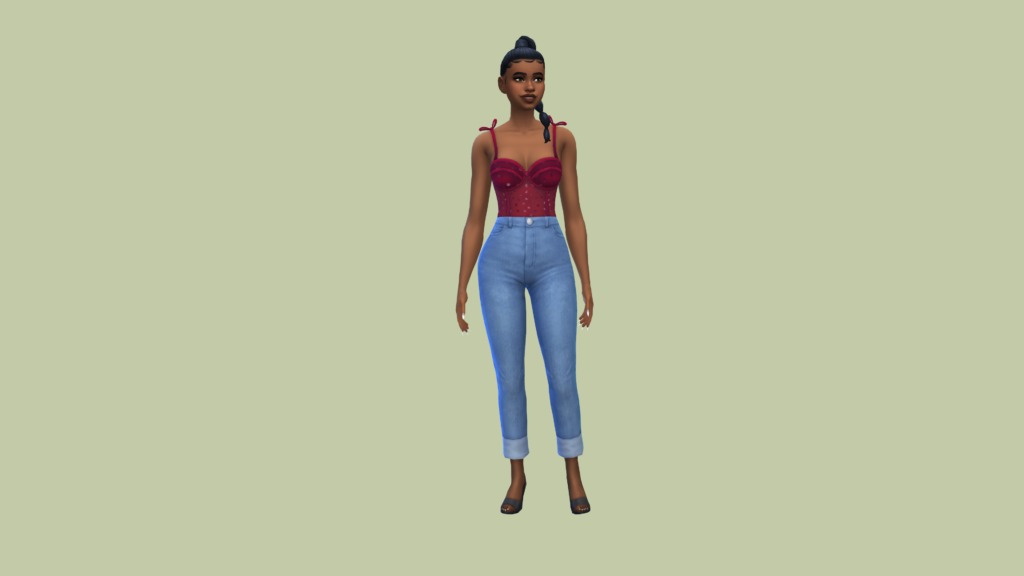 Un sim con jeans azules de talle alto y un corpiño de corsé rojo con el cabello recogido en una trenza. Este sim está sobre un fondo verde oliva.