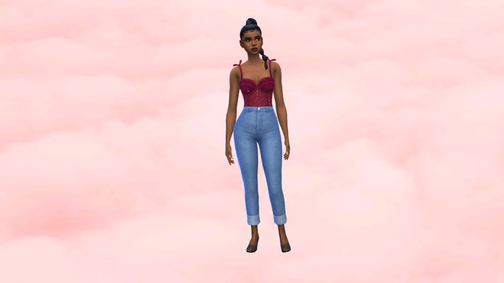 Un sim en jeans azules de talle alto y un body corsé rojo con el cabello recogido en una trenza. El fondo de pantalla de CAS de Los Sims 4 para este sim son nubes rosadas.