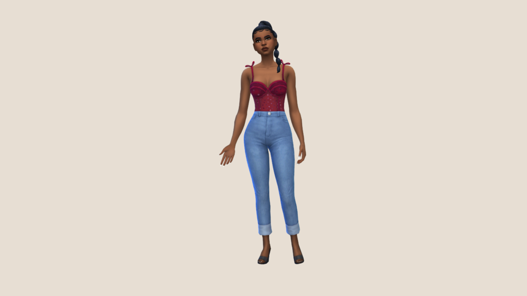Un sim con pantalones vaqueros azules de cintura alta y un body corset rojo con el pelo recogido en una trenza. Este personaje de Sims 4 está de pie sobre un fondo beige CAS.