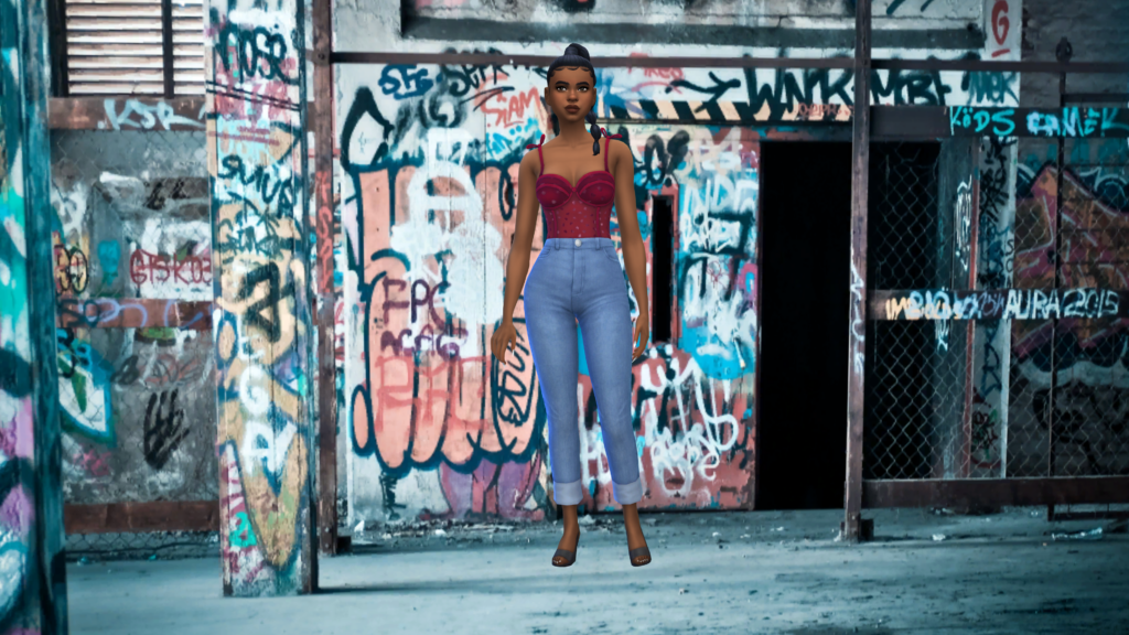 Un sim con pantalones vaqueros de talle alto y un body corset rojo con el pelo trenzado. Este sim está de pie en un callejón que está cubierto de graffiti.