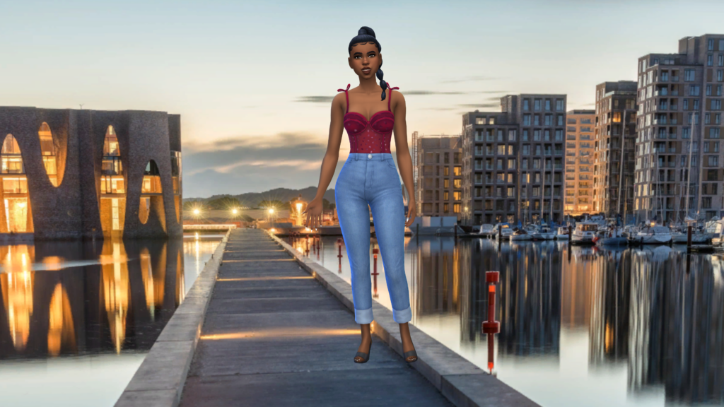 Un sim con pantalones vaqueros de talle alto azules y un corpiño de encaje rojo con el cabello trenzado. El fondo de pantalla de CAS de Los Sims 4 para este sim muestra una ciudad en Noruega y el sim está parado en un muelle de agua.