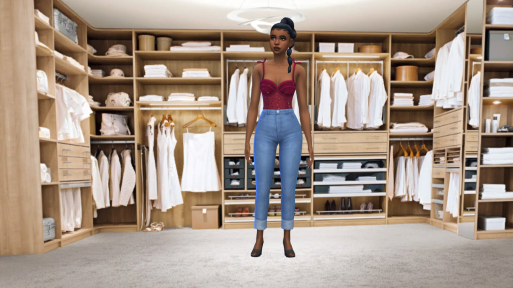 Un sim con pantalones vaqueros de talle alto y un body corsé rojo con el pelo recogido en una trenza. Este sim está de pie en un armario lleno de ropa blanca.