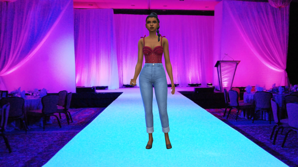 Un sim con jeans azules de talle alto y un body de corsé rojo con el pelo recogido en una trenza. Este sim está parado en una pasarela azul con un fondo que va de rosa a morado.