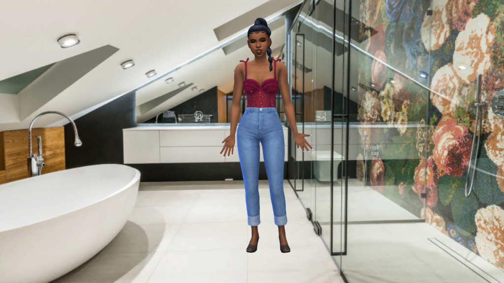 Un sim con pantalones vaqueros azules de talle alto y un body corset rojo con el pelo recogido en una trenza. Este sim está de pie en un baño con una bañera blanca grande y una ducha de vidrio con ribetes negros.