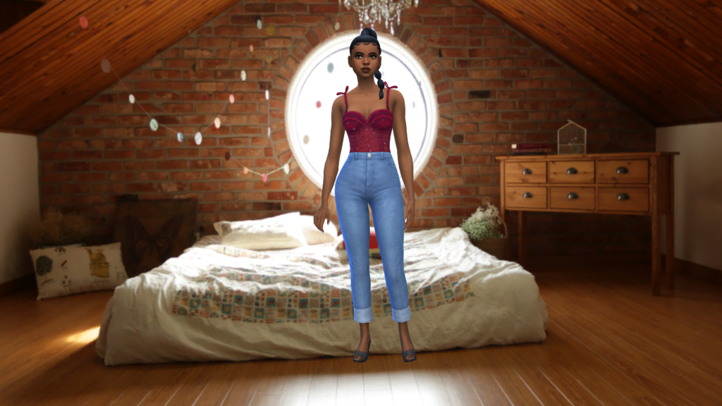 Un sim con jeans azules de talle alto y un body corsé rojo con el pelo recogido en una trenza. Este sim está de pie en una habitación con un techo inclinado con una ventana circular y una cama en el suelo.