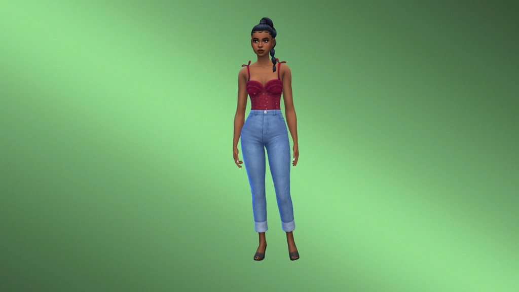 Un sim con pantalones vaqueros azules de talle alto y un bodysuit ajustado rojo con el cabello recogido en una trenza. Este sim está parado sobre un fondo de pantalla CAS verde que tiene un rayo de luz más claro que va diagonalmente de arriba a la izquierda a abajo a la derecha.
