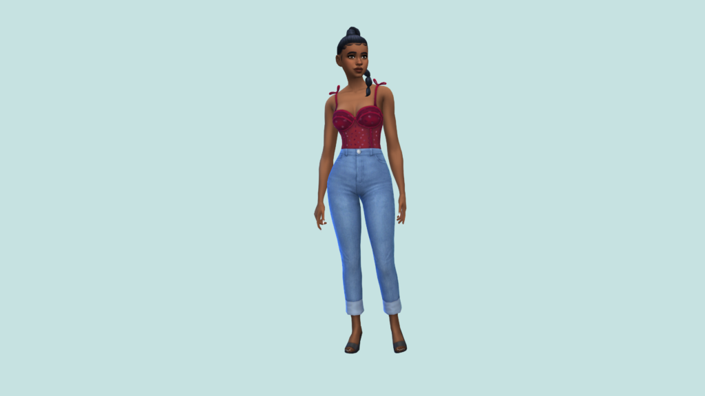 Un sim con jeans azules de talle alto y un body corsé rojo con el cabello recogido en una trenza. El personaje de Los Sims 4 está de pie sobre un fondo azul claro, casi gris.
