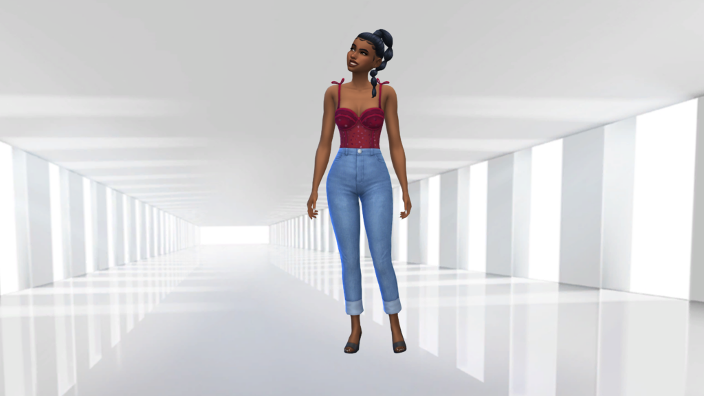 Un sim con jeans azules de cintura alta y un body corsé rojo con el cabello trenzado. Este sim está parado en una habitación con paredes semirreflectantes y pilares blancos.