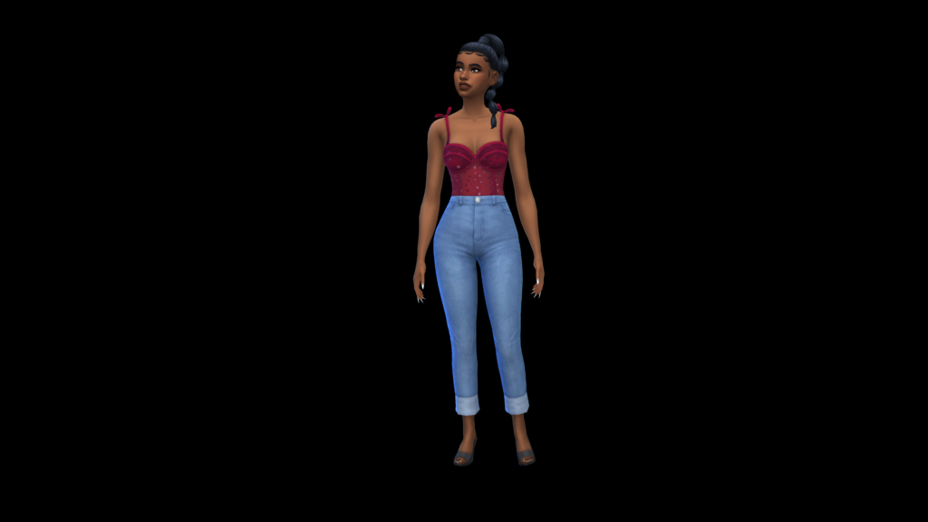 Un sim con jeans azules de talle alto y un body corset rojo con el cabello recogido en una trenza. Este sim está parado sobre un fondo negro completamente en Los Sims 4.