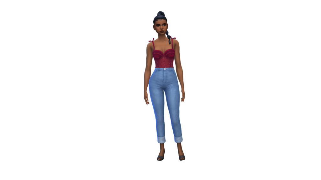 Un sim con jeans azules de talle alto y un body corsé rojo con el cabello en una trenza. Este sim está en un fondo blanco brillante.