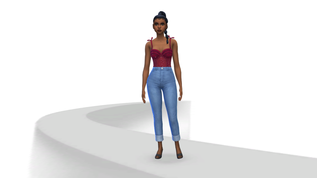 Un sim con pantalones vaqueros azules de talle alto y un corpiño rojo con el pelo recogido en una trenza. Este sim está en una habitación blanca con un paseo del gato gris y redondeado en el centro en el que está parado.