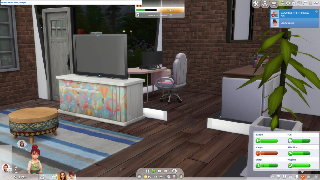 Un bebé en Los Sims 4 que tiene mucha hambre.