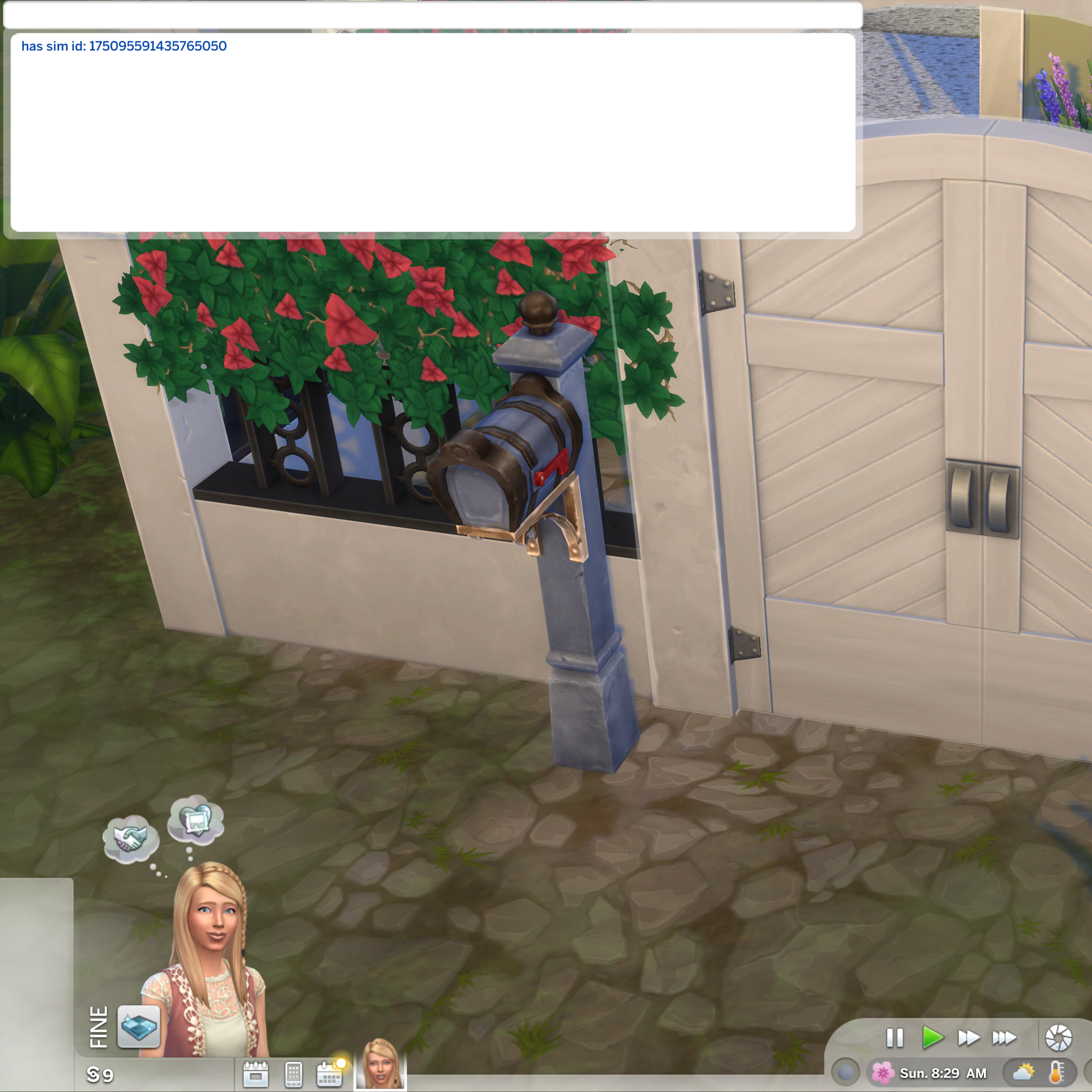 Una pantalla de Los Sims 4 que muestra un buzón con la caja de trucos abierta que muestra un ID de Sim.