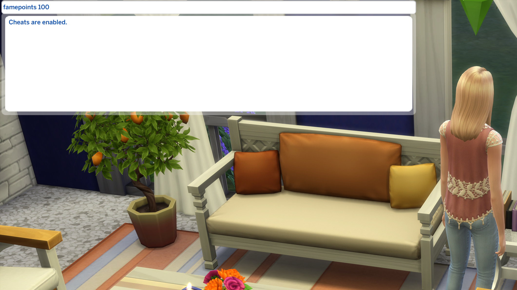 Un sim de pie de espaldas a la cámara y la ventana de diálogo de trucos abierta con el truco de 100 puntos de fama para los sims 4 get famous.