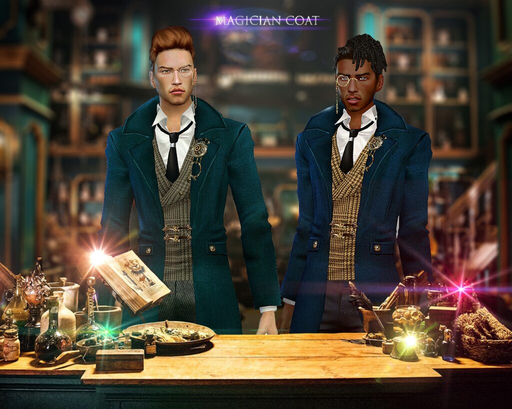Dos sims masculinos en Los Sims 4 usando un abrigo de mago con un reloj de bolsillo en el lateral para sus disfraces de Halloween