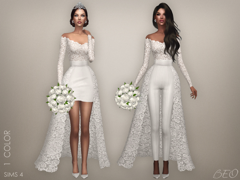 Una portada para el vestido de novia de la colección Lorena para Los Sims 4 cc que tiene un vestido de encaje con una falda trasera que también se puede usar sobre pantalones