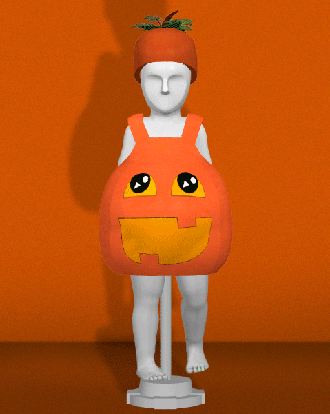 Una maniquí de tamaño de niño pequeño vistiendo un disfraz de calabaza