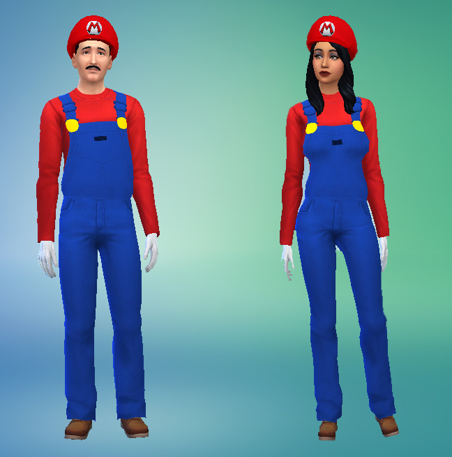 Dos Sims de pie con trajes de Halloween CC a juego, vestidos como Mario