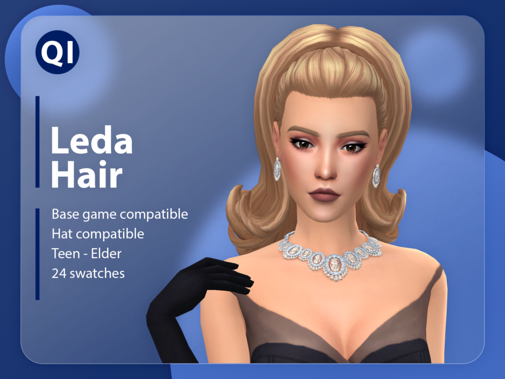 Un sim que usa guantes negros y un vestido negro glamoroso. También lleva un collar grande plateado y pendientes de plata. Su peinado de boda para sims 4 cc está recogido en una cola de caballo alta al estilo de los años 60.
