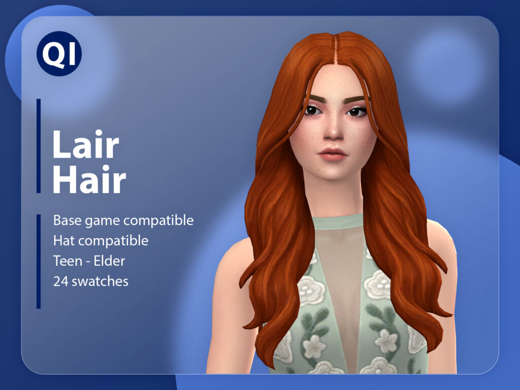 Un sim con cabello rojo y pecas que tiene el cabello con una raya en medio y una blusa verde sin mangas. El cabello de boda cc de Los Sims 4 es largo.