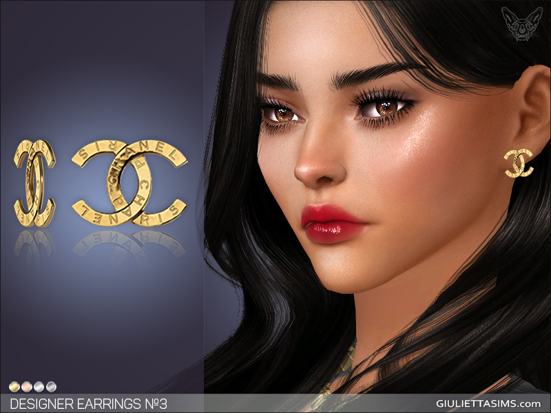 Un sim con cabello negro y ojos marrones que lleva brillo labial rojo. Llevan puestos un par de pendientes Chanel.