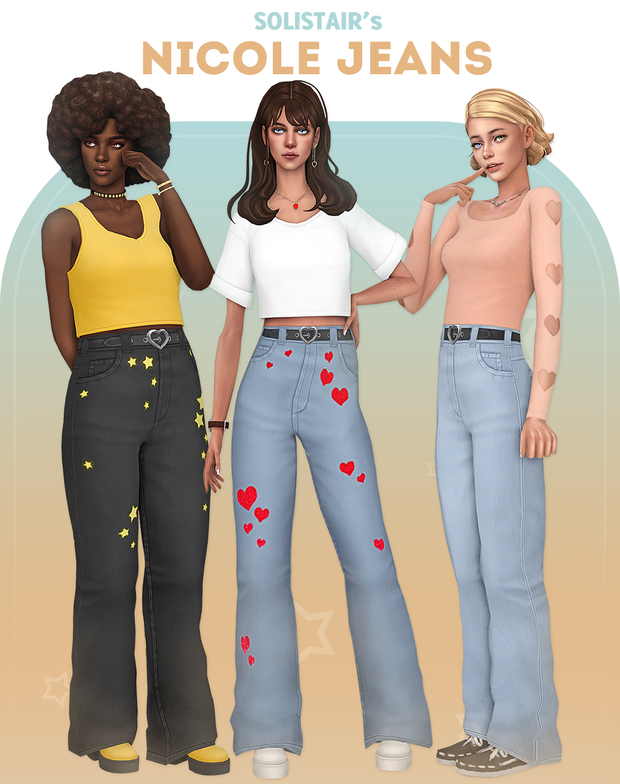 Esta imagen muestra tres sims que están de pie en diferentes posiciones y te miran directamente. Llevan diferentes tops, pero todos llevan los mismos jeans en diferentes colores en The Sims 4.