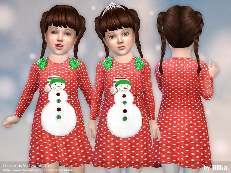 Una sim con cabello castaño en trenzas vistiendo un atuendo de Navidad cc de Sims 4 con lunares rojos y un muñeco de nieve en el frente.