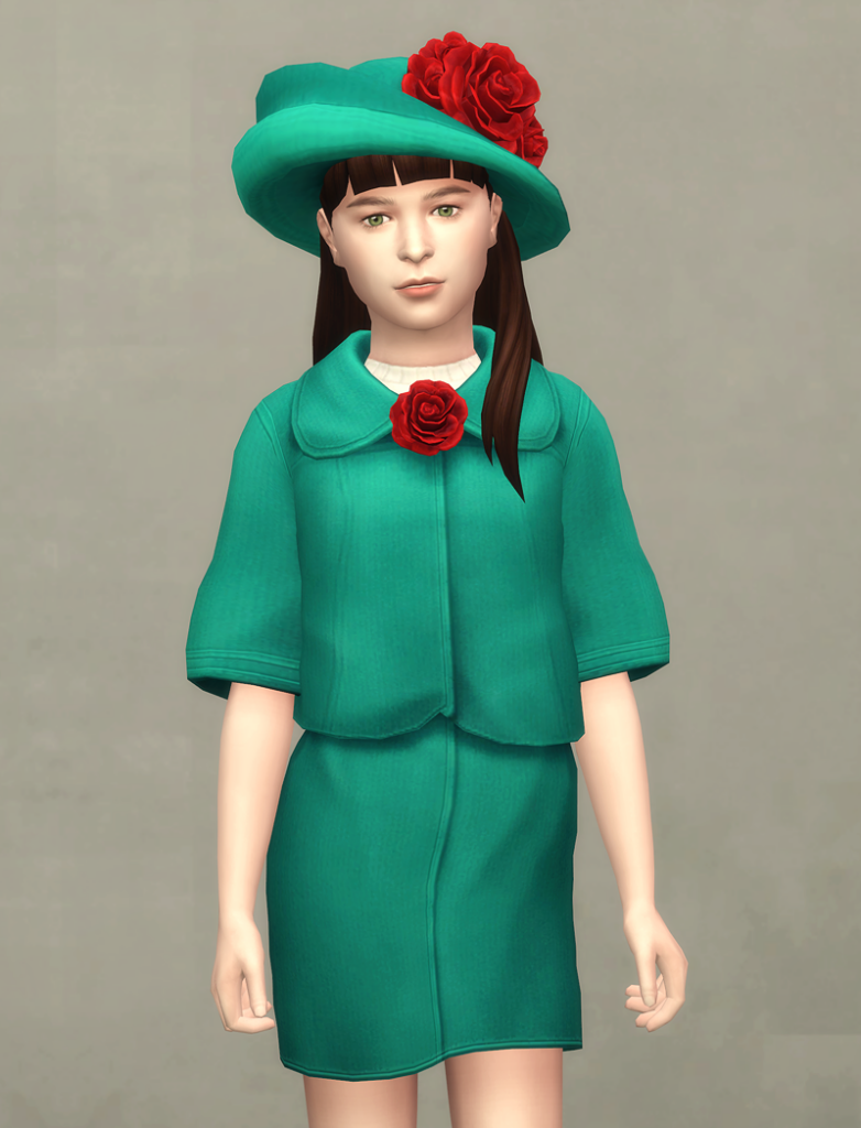 Una niña en Los Sims 4 que lleva un vestido de cc de color verde brillante con flores rojas, también lleva un sombrero a juego.