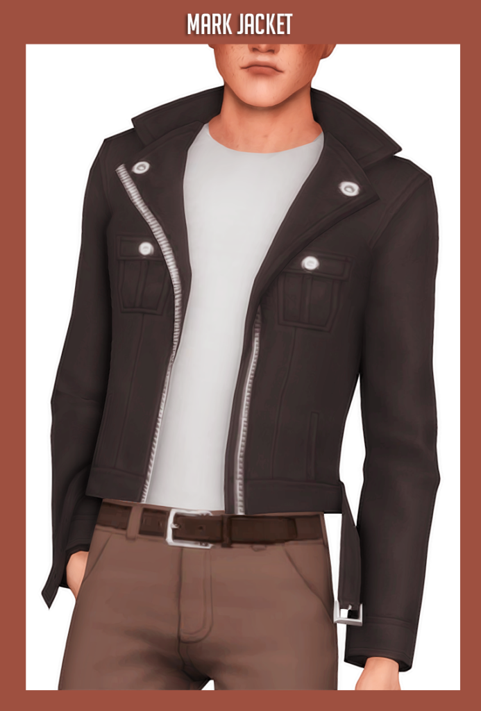 Un rectángulo vertical con un sim que tiene la cabeza recortada, lleva puesto un par de pantalones marrones y una camiseta blanca con la opción de chaquetas cc masculinas encima