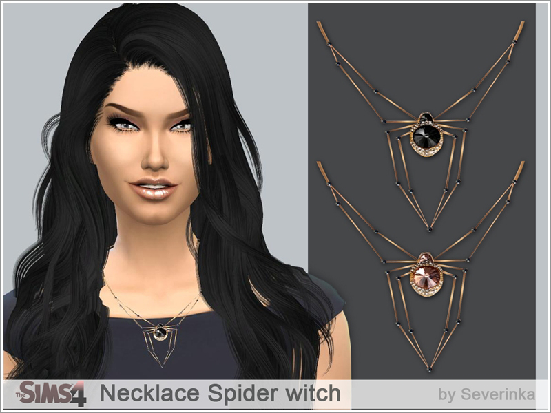 Un sim con cabello negro y labios brillantes usando un collar que parece una araña